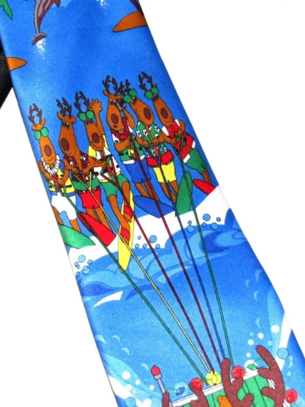 Hallmark Christmas Men's Tie Blue Speedboat Santa Skiing Reindeer Holiday